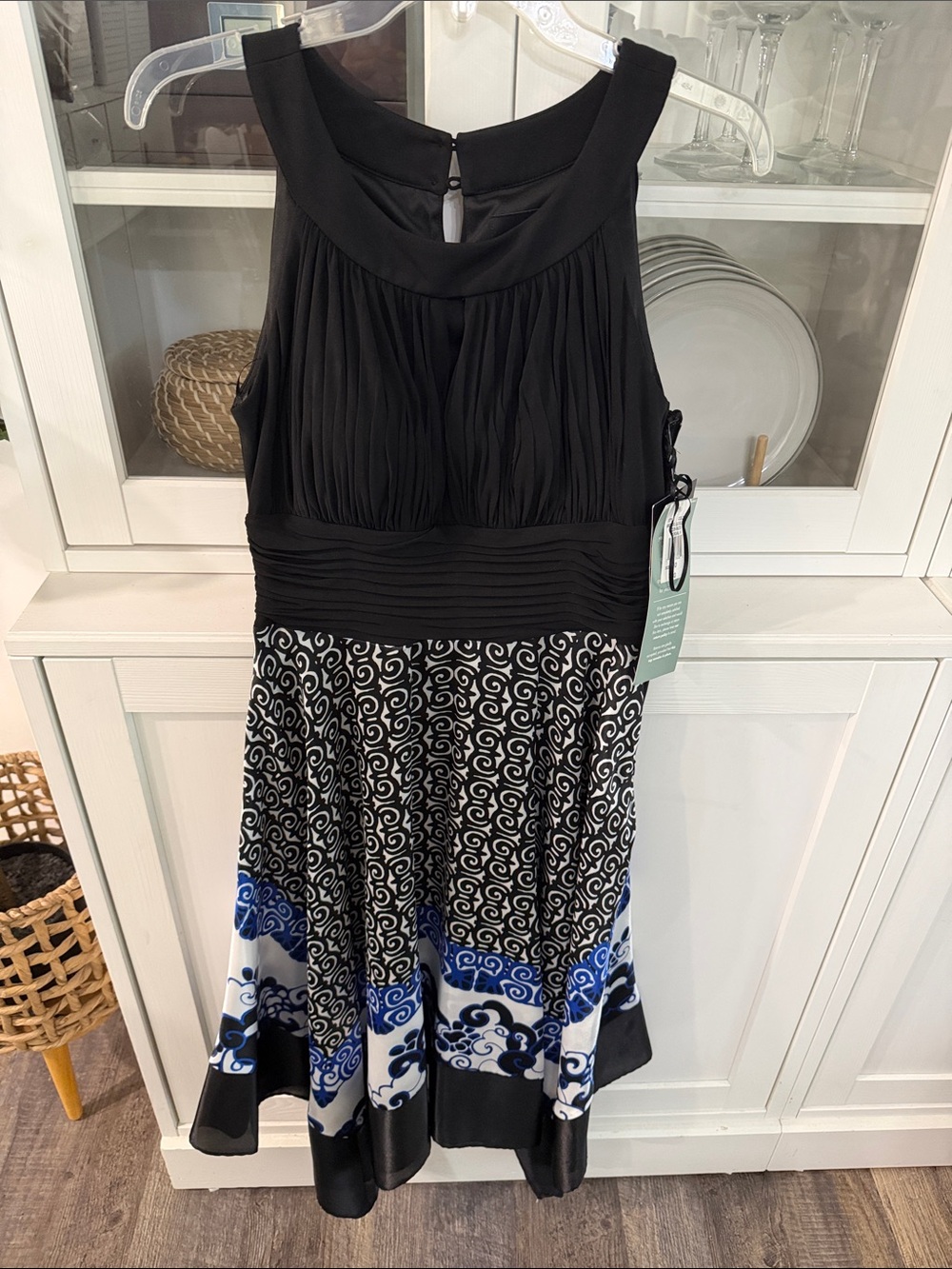 Black Sleeveless Midi Dress with Blue & White Patterned Skirt